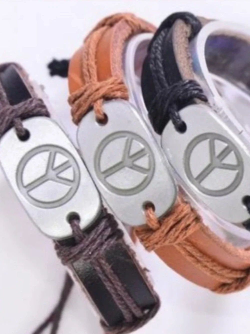 Leather Drawstring Bracelet (1) Dark Brown Peace Sign Adjustable tie close NEW